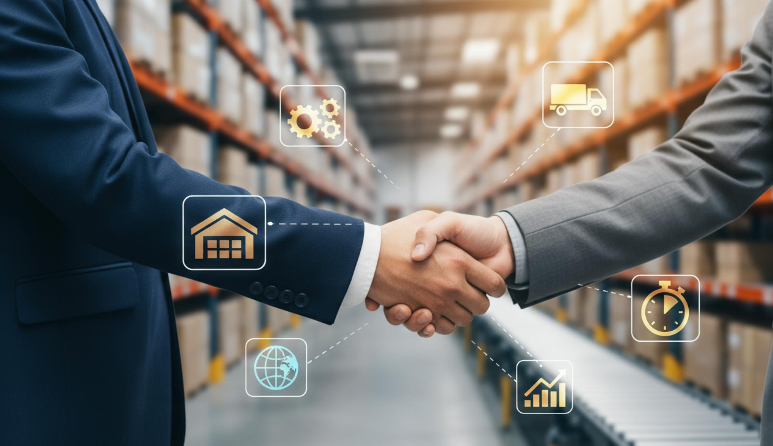 Fulfillment konusunda anlaşma yapan iki yönetici, modern bir lojistik deposunu içerisindeler. 