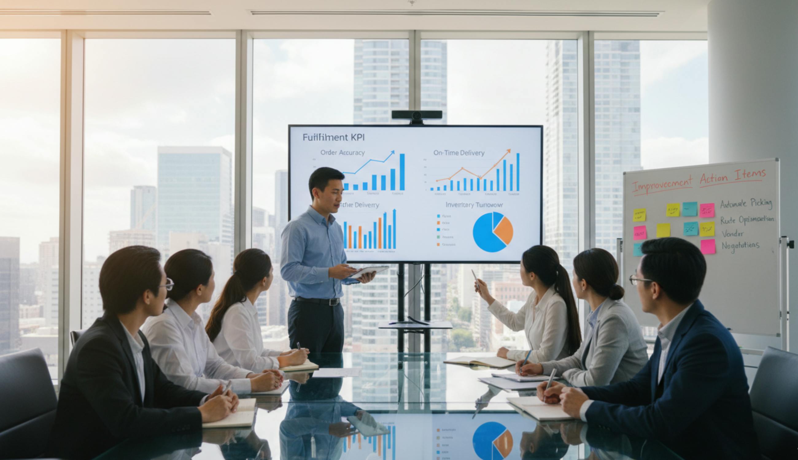 Fulfillment operasyonlarında verim arttırmak isteyen bir şirket yönetim toplantısı