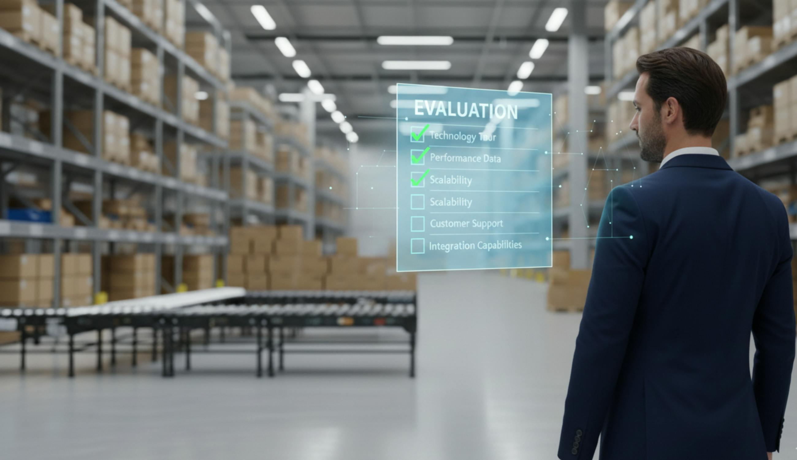 Business professional reviewing holographic checklist with green checkmarks for technology tour, performance data, scalability, and integration.