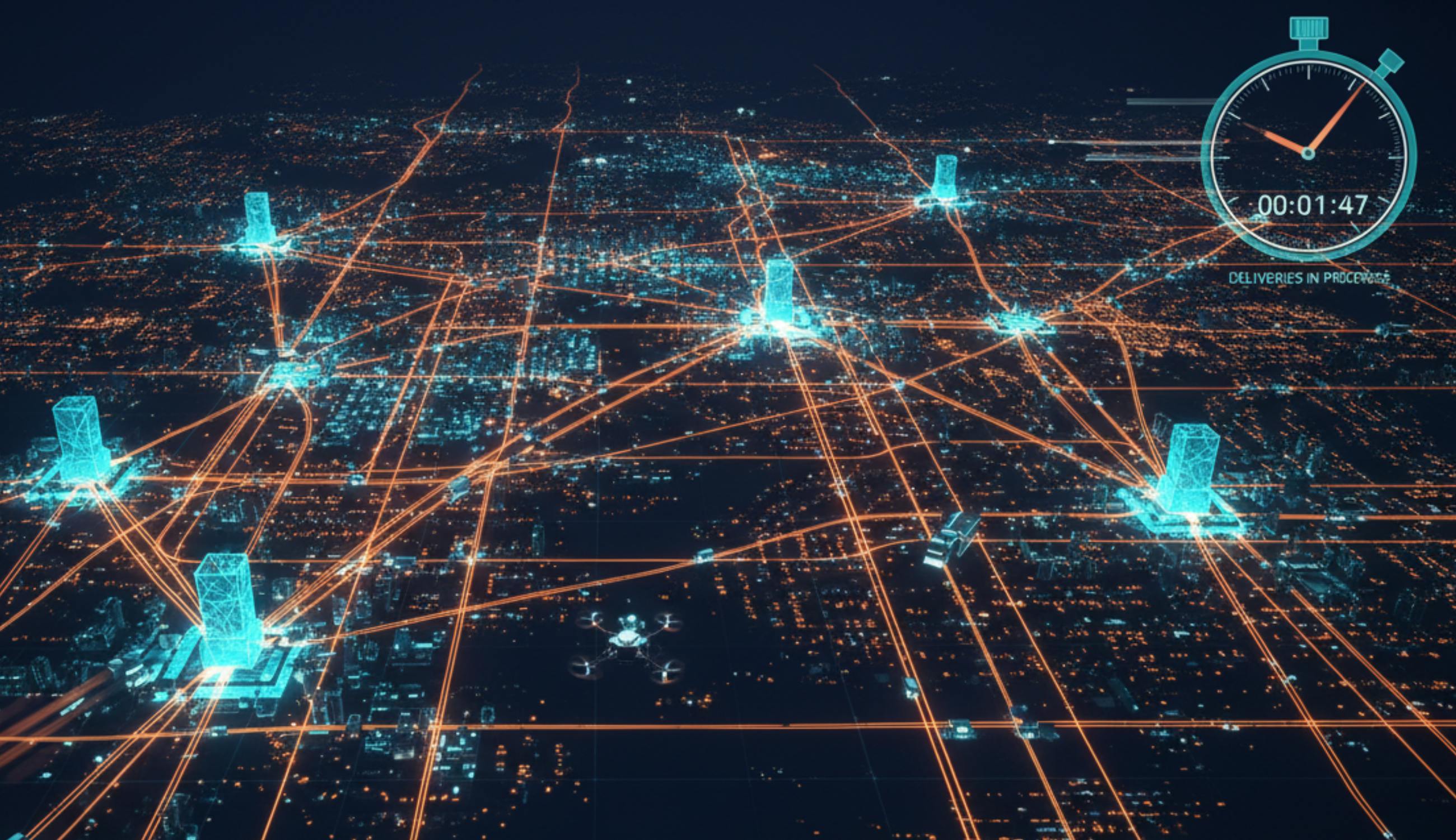 Aerial city map showing fulfillment center hubs connected by glowing delivery routes with clock overlay indicating speed.
