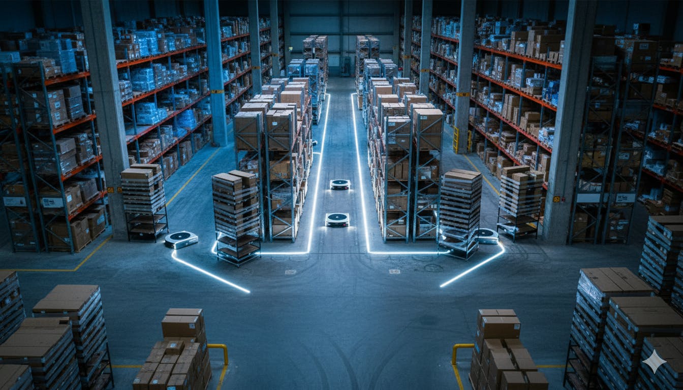 Kuşbakışı görünümde AI tarafından yönetilen otonom mobil robot filosu e-ticaret deposunda sipariş toplama operasyonu yürütüyor.