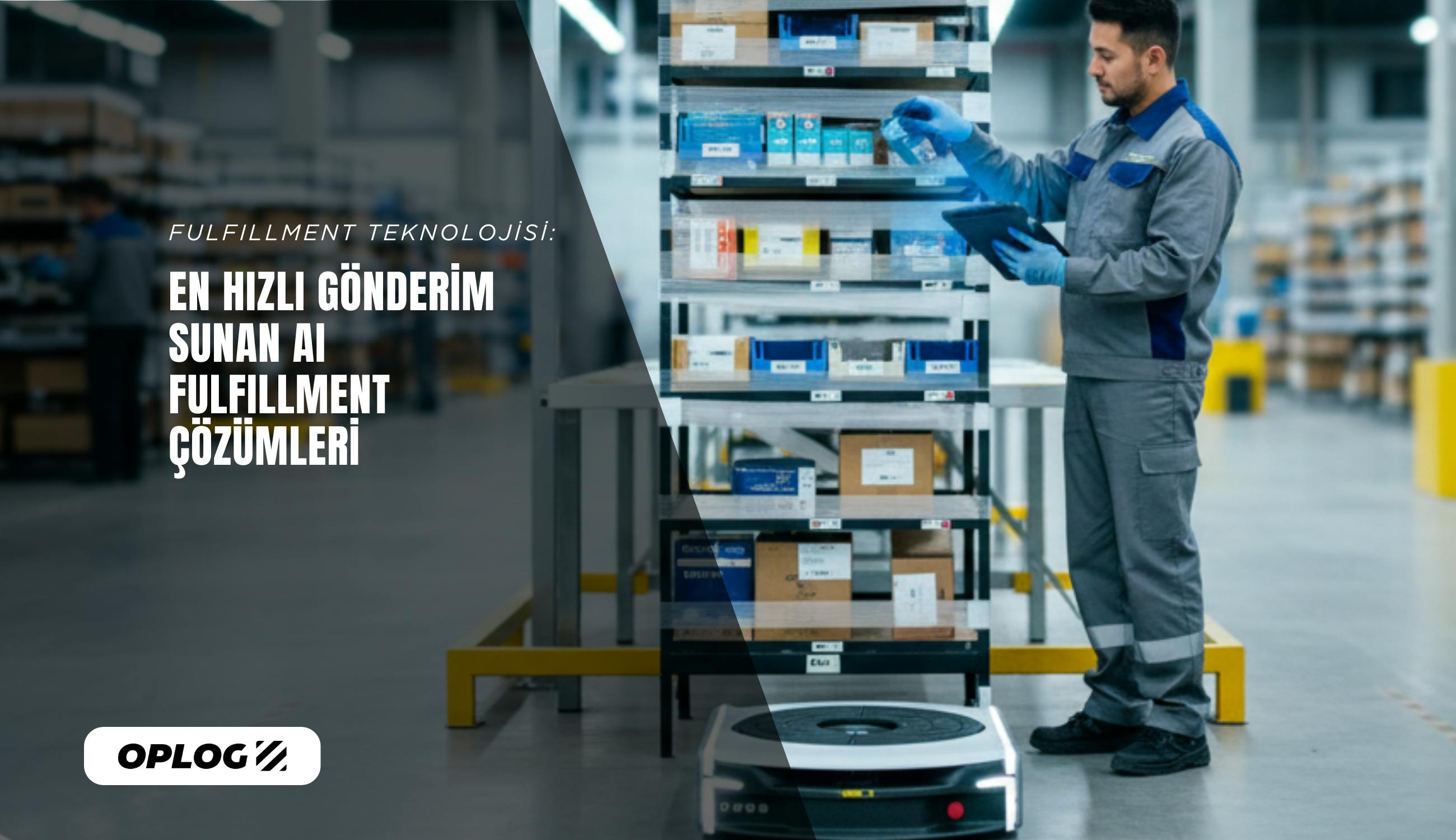 Bir fulfillment merkezinde otonom mobil robot rafı çalışanın önüne getirirken personel sipariş için ürün toplama işlemi yapıyor