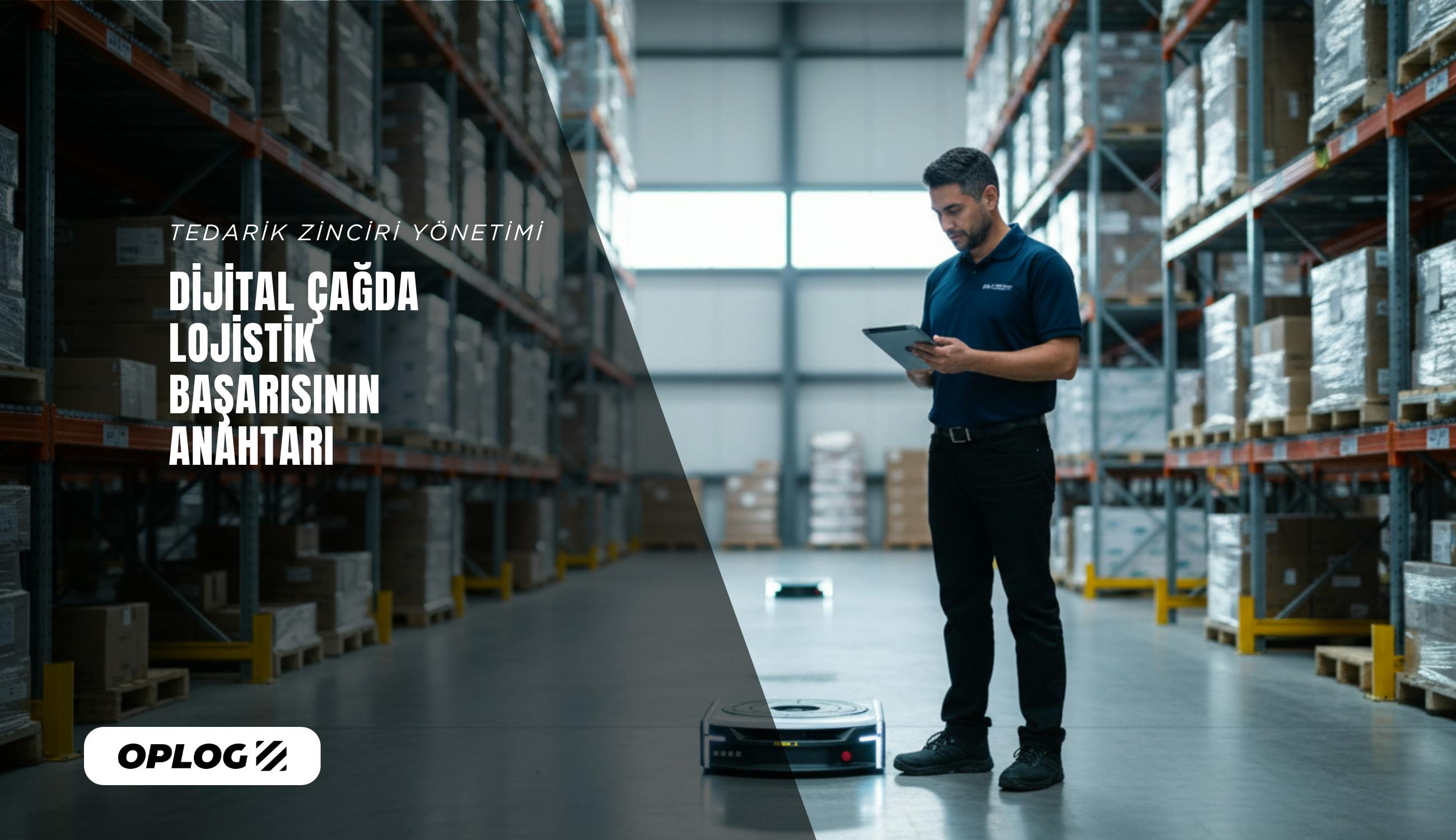 Modern fulfillment merkezinde otonom mobil robotun yanında çalışan depo personeli - tedarik zinciri yönetiminde teknoloji entegrasyonu örneği