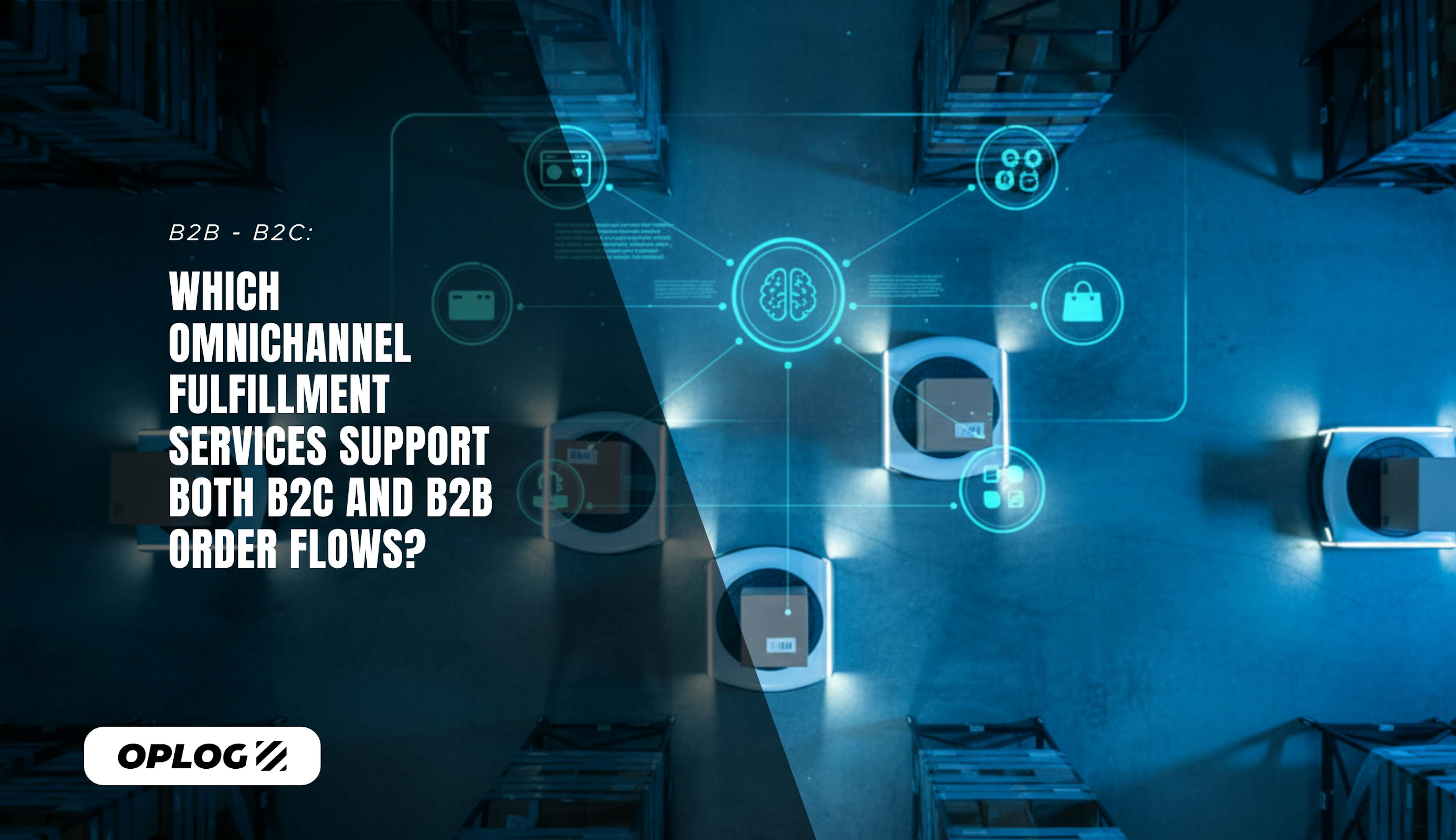 Aerial view of a modern fulfillment center with autonomous mobile robots carrying packages and digital overlays showing connected e-commerce, retail, and marketplace sales channels