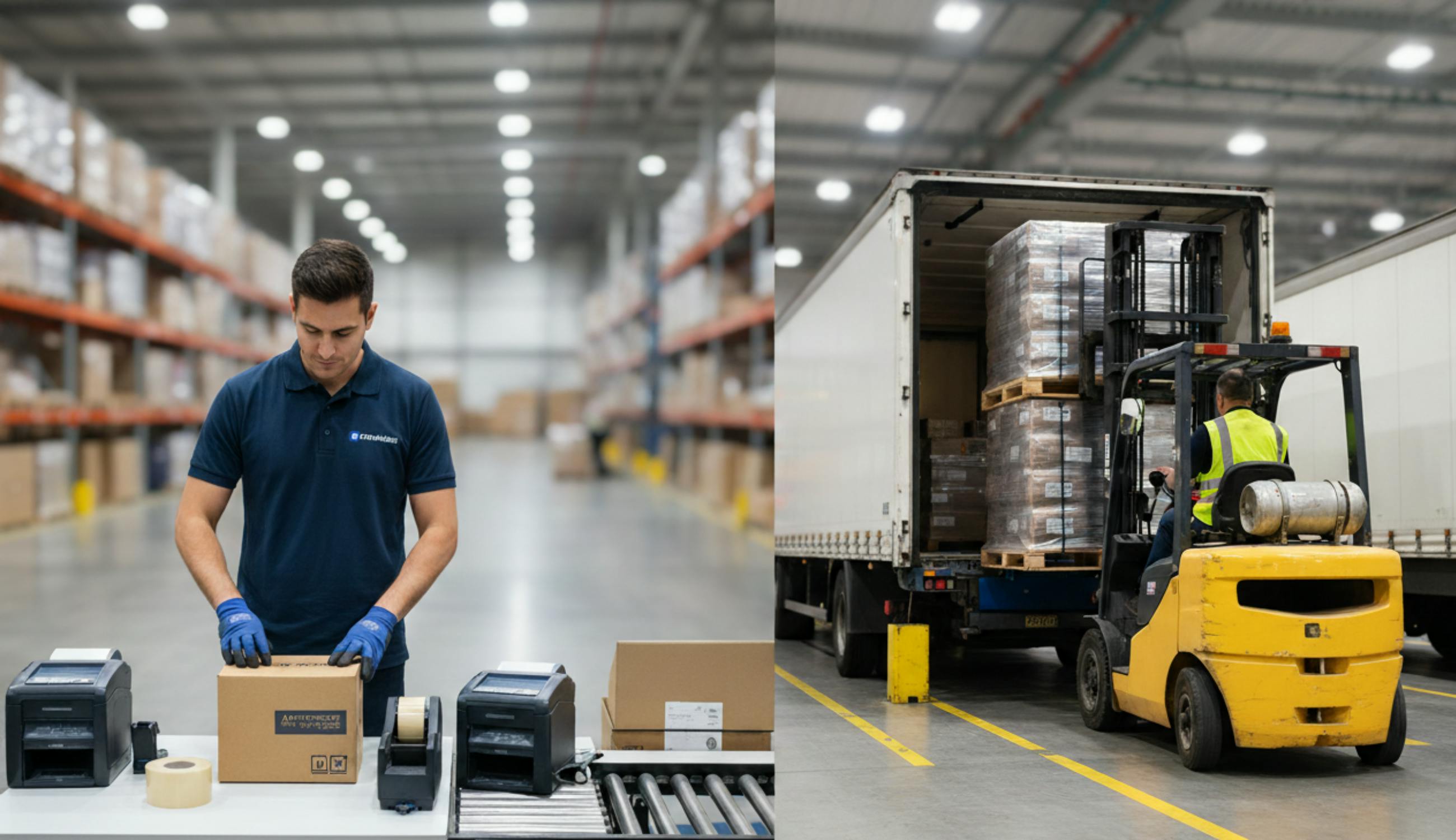Warehouse floor showing a worker packing a small e-commerce parcel at a packing station on one side and a forklift loading pallets at a truck dock on the other side