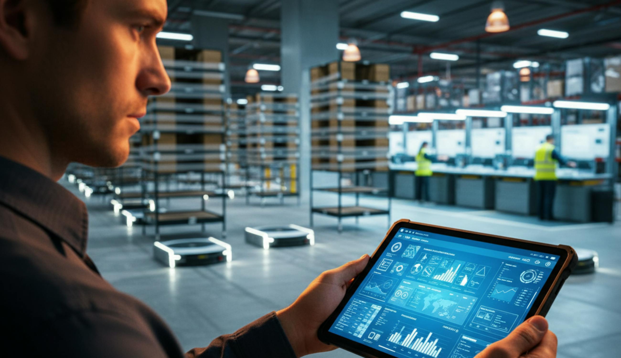 Warehouse manager reviewing real-time inventory dashboards on a tablet with autonomous mobile robots and pick stations operating in the background