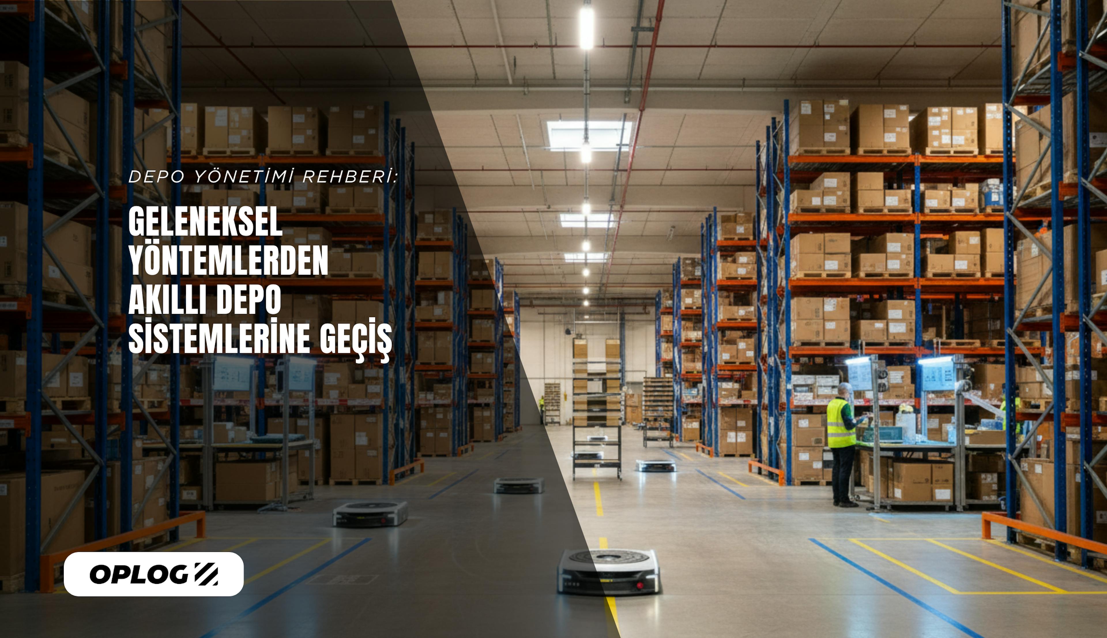 Otonom mobil robotların raf sistemleri arasında hareket ederek sipariş toplama istasyonlarına ürün taşıdığı modern bir depo iç mekanı