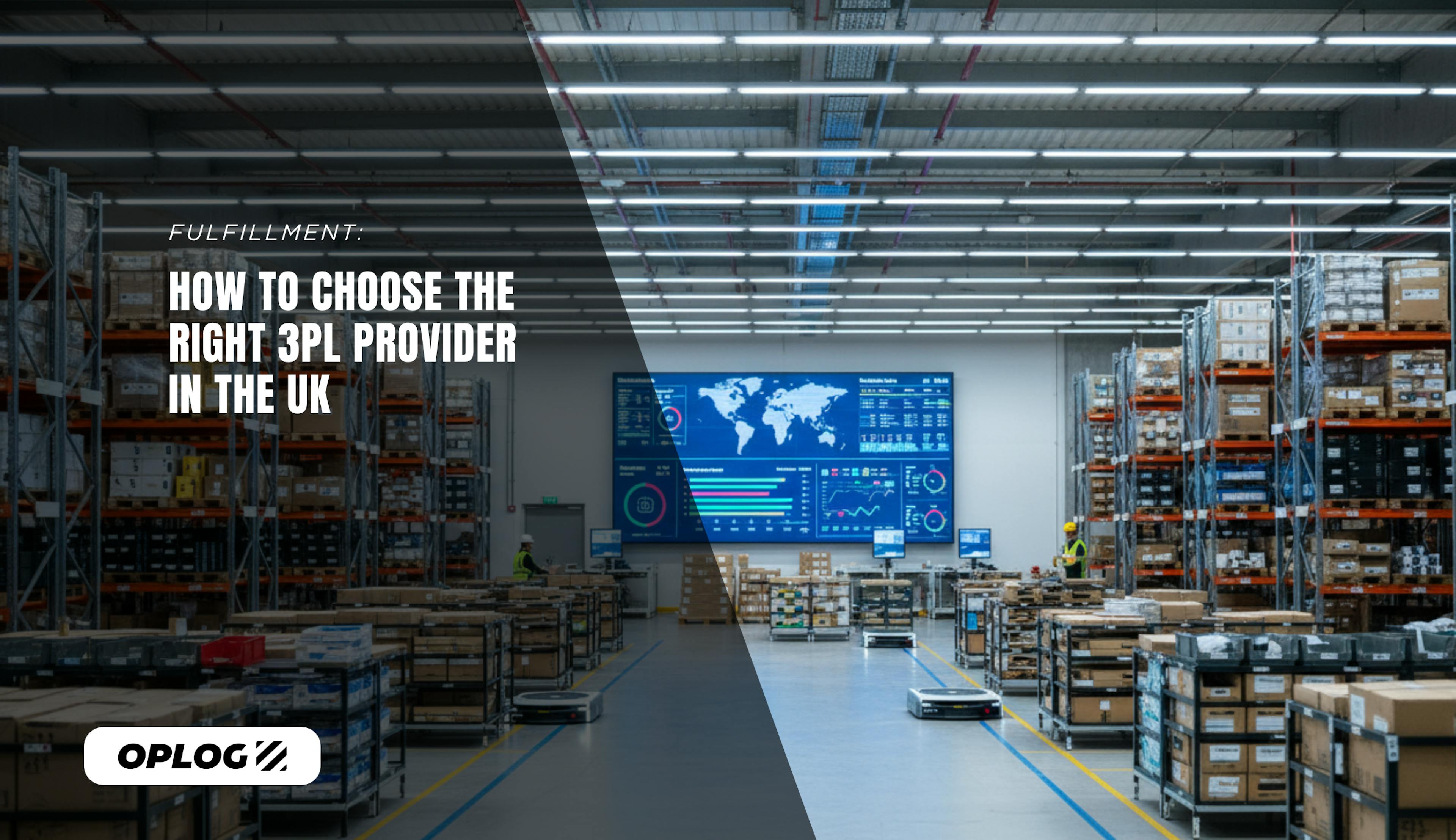 Interior of a modern UK fulfilment warehouse with organised shelving, parcels, and a digital logistics dashboard on the wall