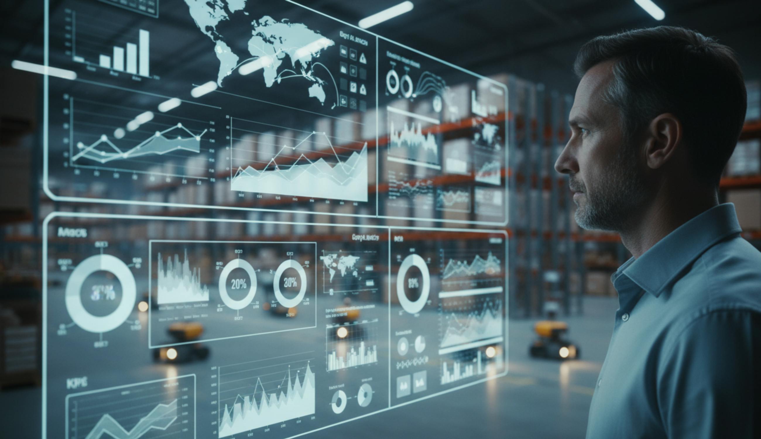 Warehouse operations manager monitoring real-time supply chain analytics and inventory data on a large digital screen