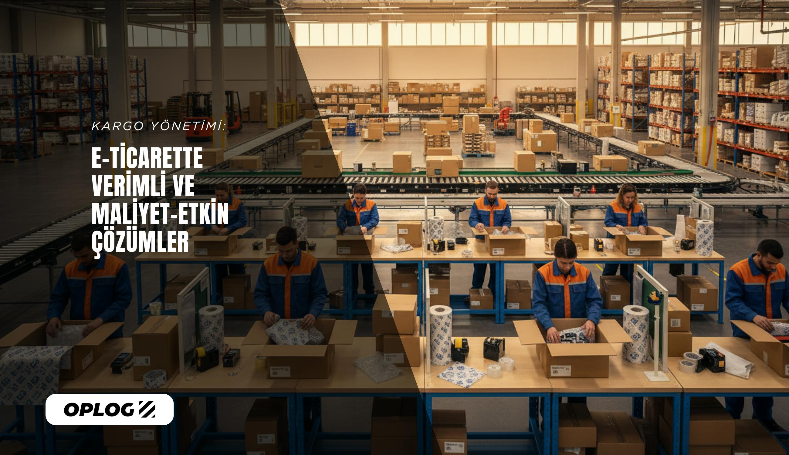 Modern bir fulfillment merkezinde düzenli paketleme istasyonlarında çalışan personel ve kargo paketleme sürecini gösteren profesyonel fotoğraf