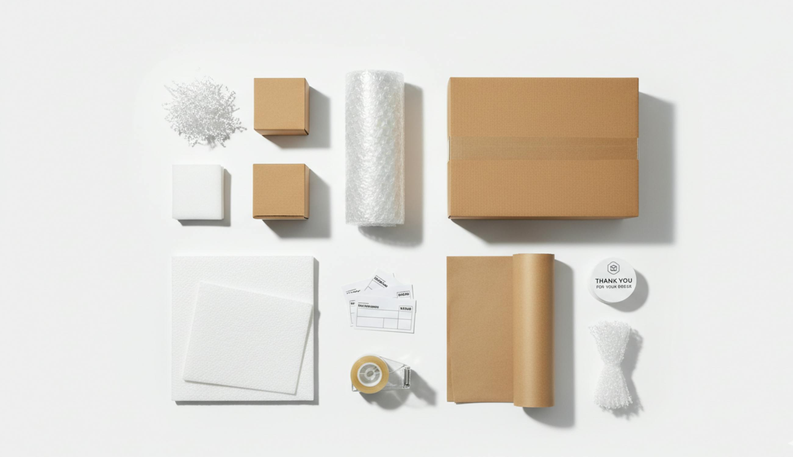 Farklı boyutlarda koli, balonlu naylon, kargo poşeti ve etiket gibi e-ticaret paketleme malzemelerinin düzenli şekilde sergilendiği üstten çekim fotoğraf