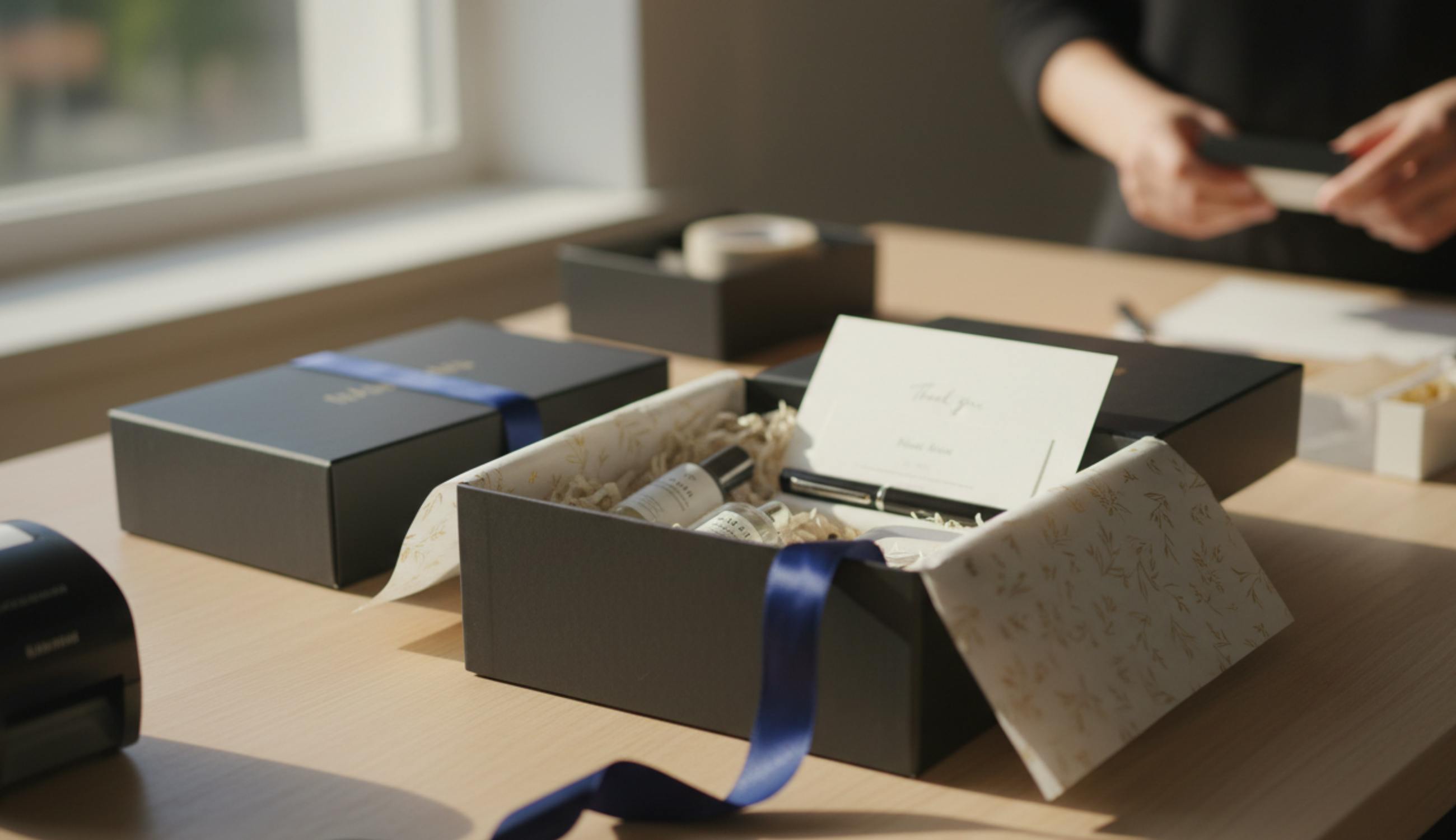 Markalı kutu içinde kişiselleştirilmiş not, özel ambalaj kağıdı ve numune ürünlerle hazırlanan premium kutu açma deneyimi fotoğrafı.