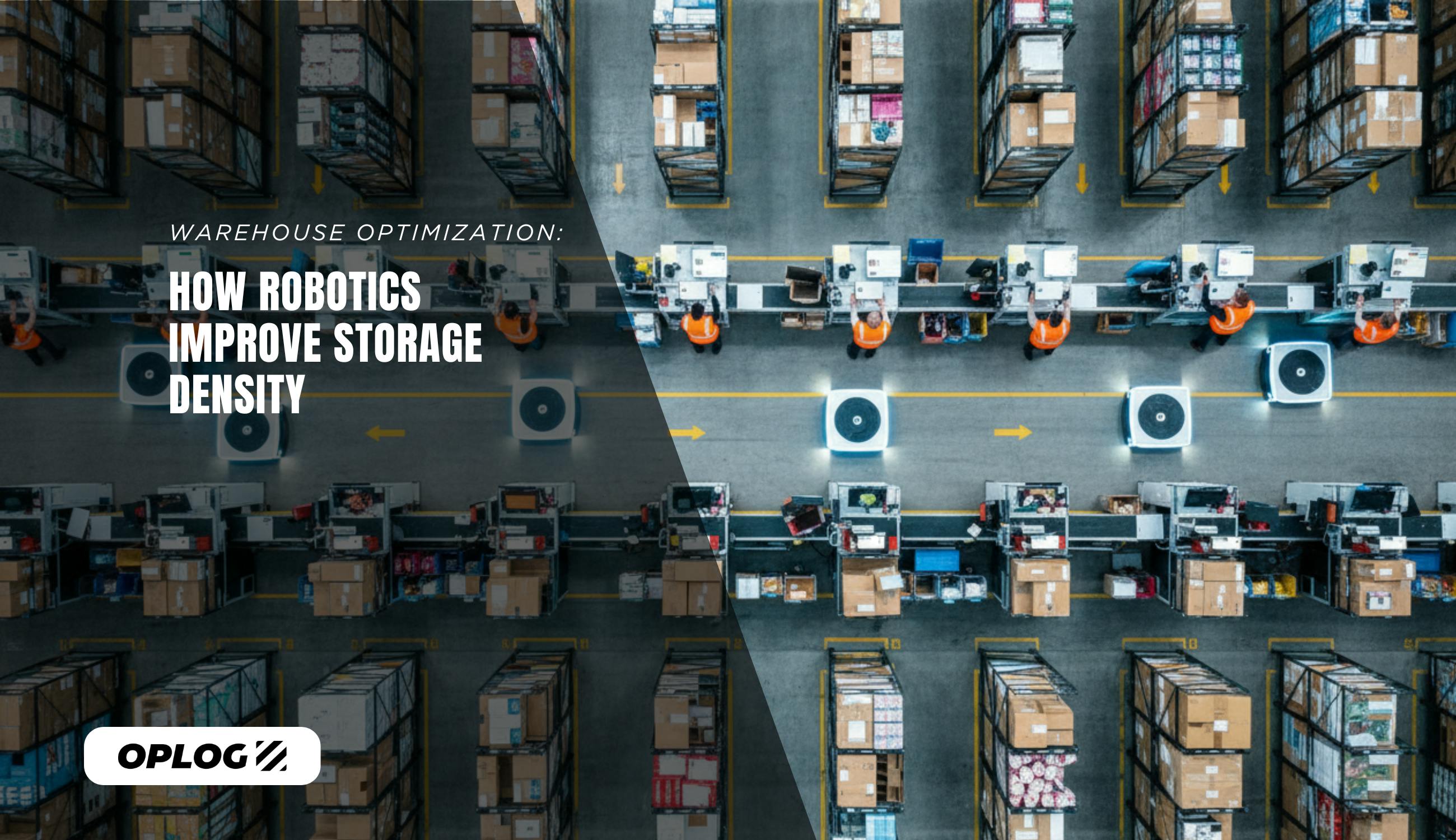 Bird's-eye view of a modern warehouse layout featuring AMR robots, organised storage zones, and pick stations demonstrating high storage density configuration.