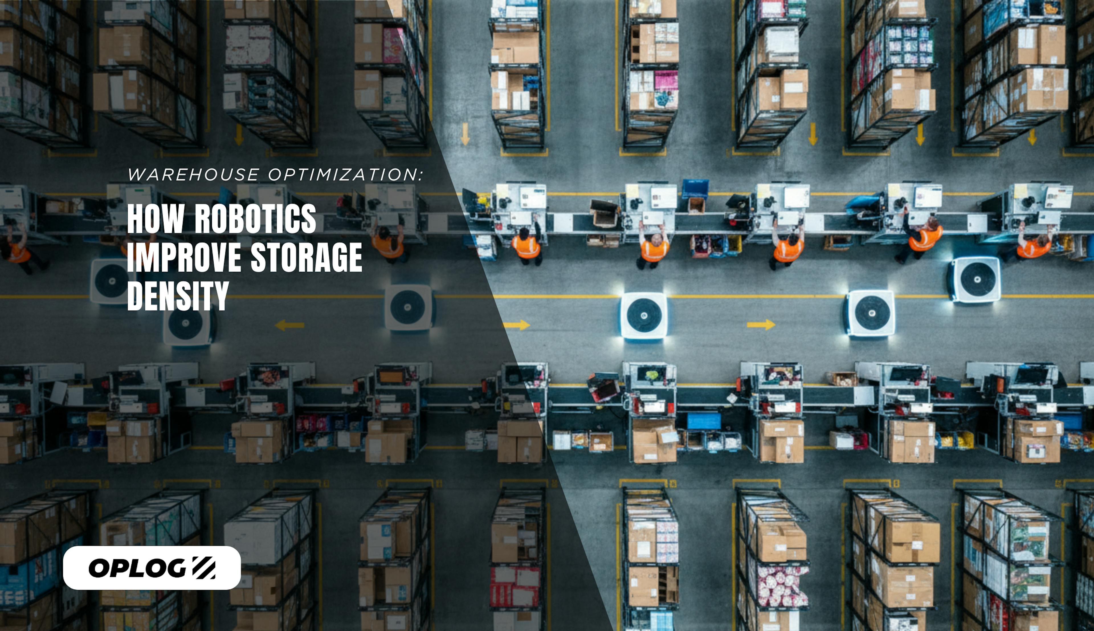 Bird's-eye view of a modern warehouse layout featuring AMR robots, organised storage zones, and pick stations demonstrating high storage density configuration.