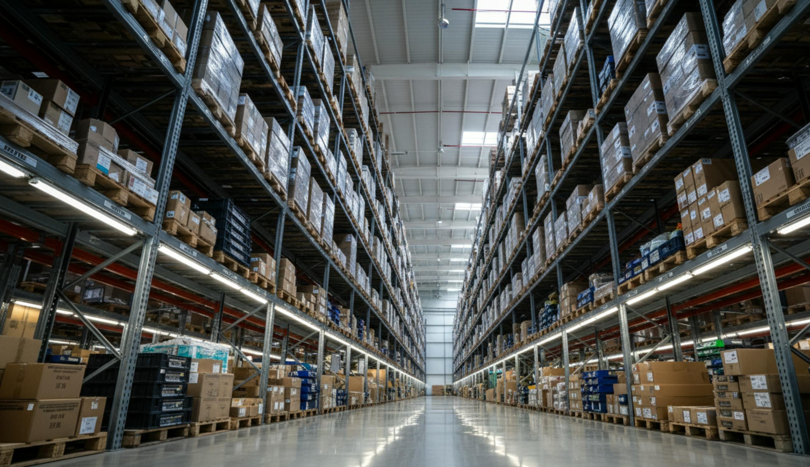 Dramatic upward perspective of high-density warehouse shelving illustrating maximum vertical space utilisation in an automated fulfilment centre.