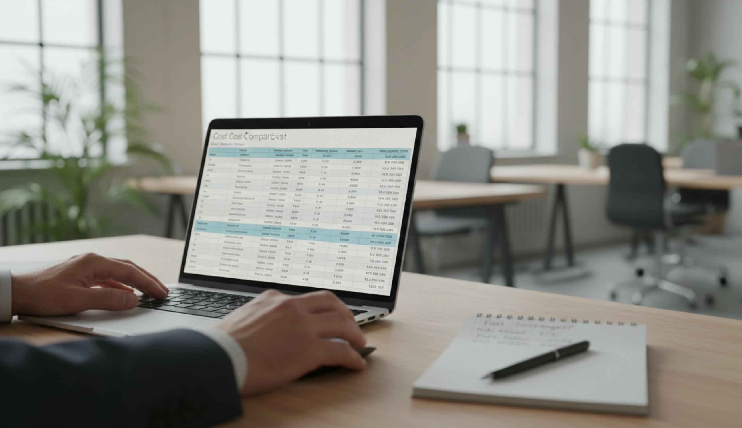 Business professional reviewing fulfillment provider cost comparison data on laptop, representing the process of evaluating 3PL pricing and total cost of fulfillment.