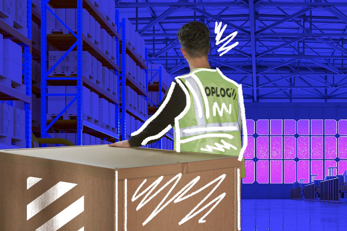 man in the warehouse leaning on the box