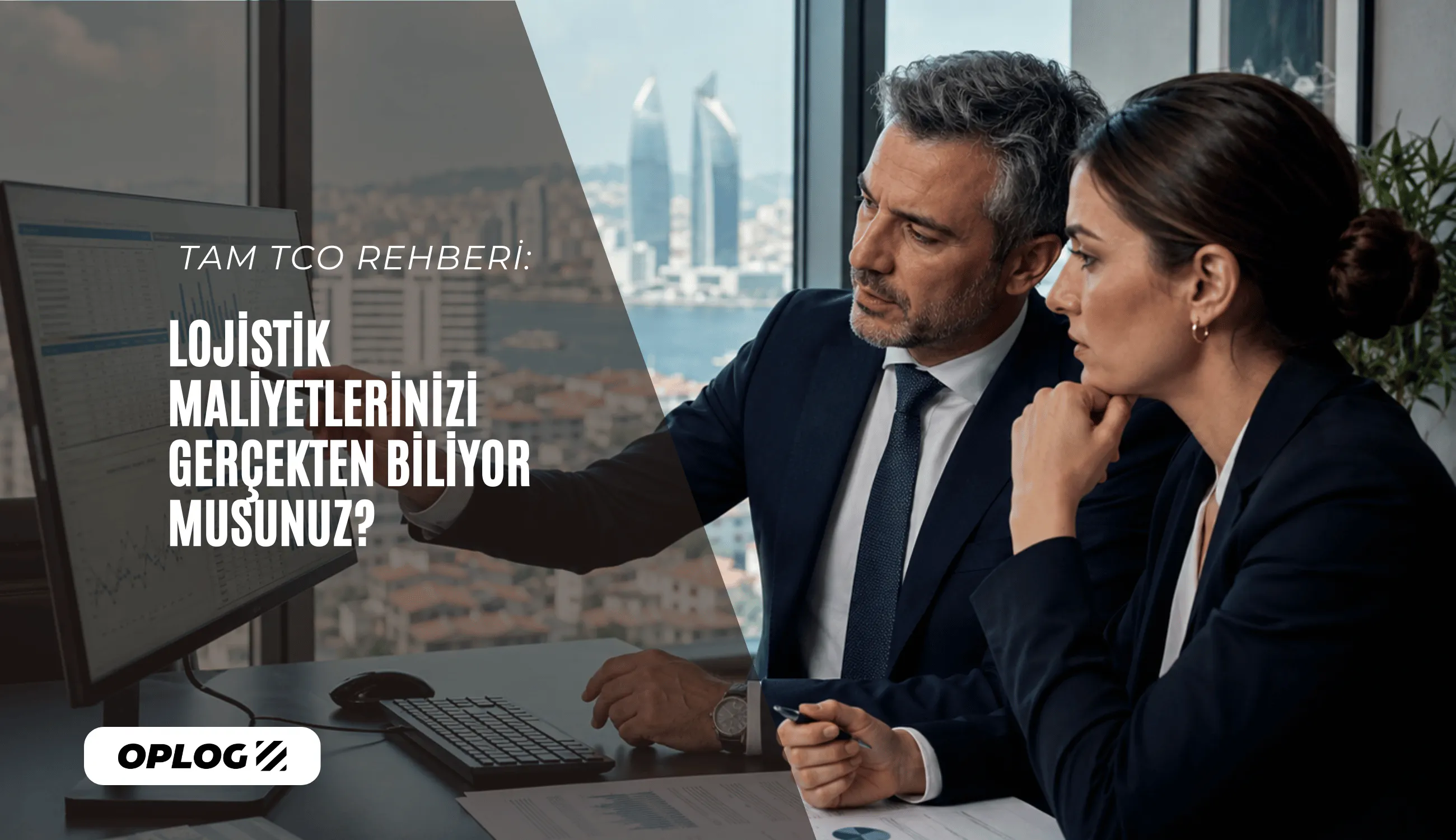 Bir bilgisayar ekranındaki lojistik analiz grafiklerini ve finansal verileri dikkatle inceleyen takım elbiseli iki kurumsal yönetici.