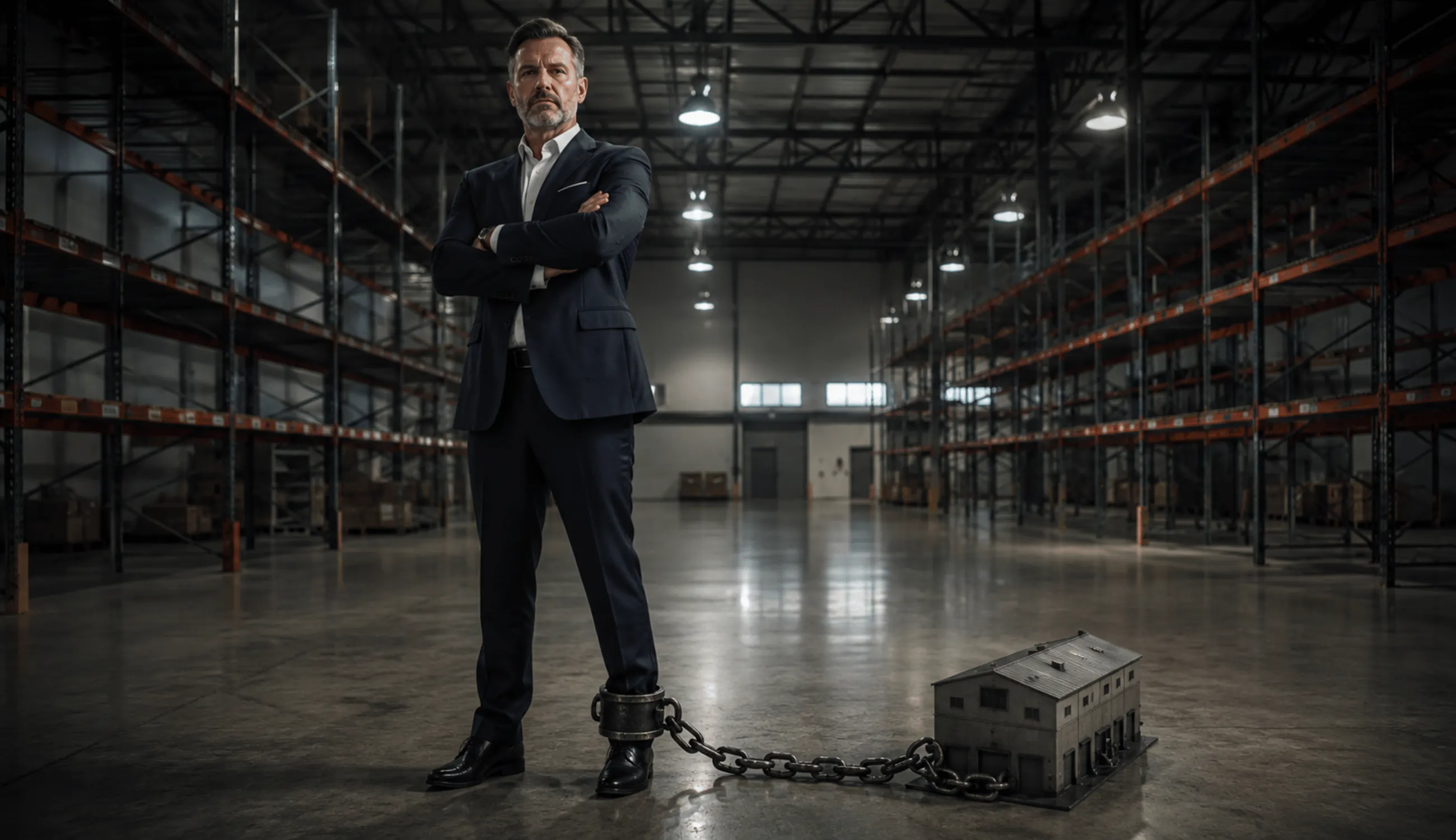 A business owner appearing in control of their own warehouse while chained to a heavy iron ball shaped like a warehouse, symbolising the fixed cost and tied up capital behind in-house control