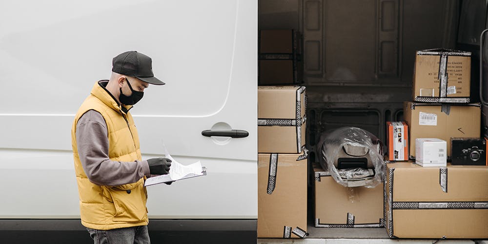 A man in a delivery uniform holding a package and checking the address label before delivering it.