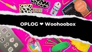 OPLOG and Wohoobox collaboration banner with colorful stationery items design