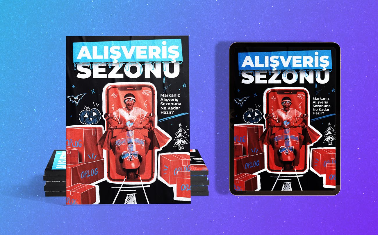 OPLOG shopping season campaign shown on book cover and tablet with holiday themed illustrations