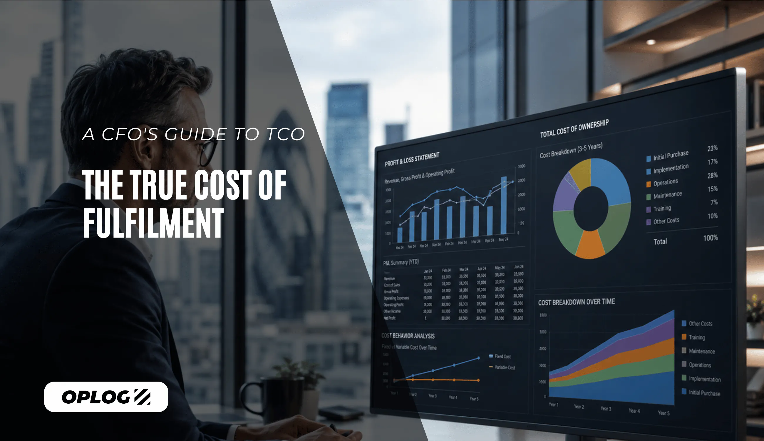 A CFO in a modern London office reviewing a profit and loss statement and total cost of ownership breakdown on a large monitor, with charts comparing fixed versus variable cost curves