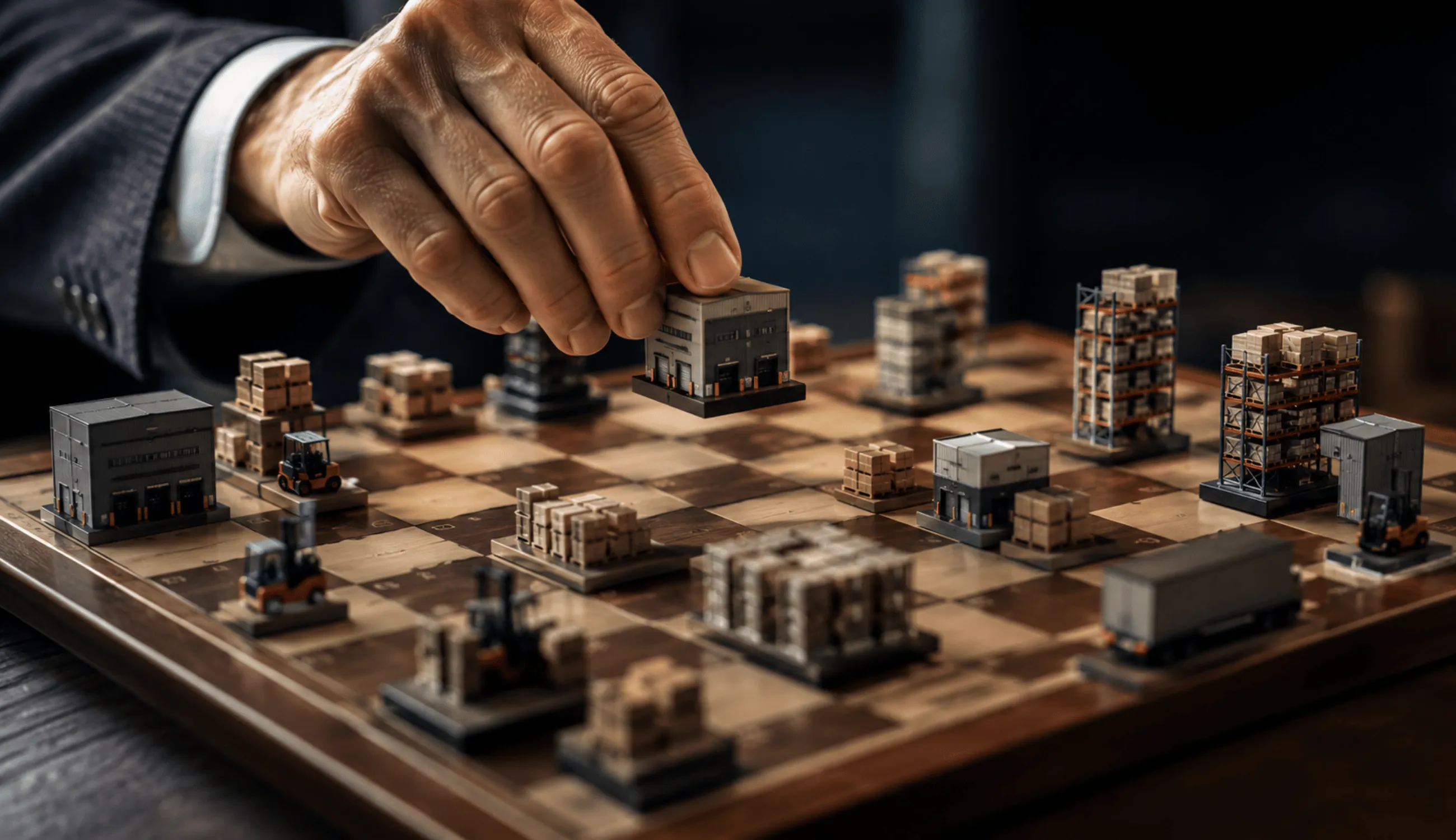 A chessboard with warehouse and pallet models as pieces and a leader's hand hovering over a move, symbolising a data driven framework for deciding between fulfilment models