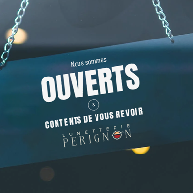 pancarte_annonce_ouverte_boutique_et_affiche _logo_optique_perignon