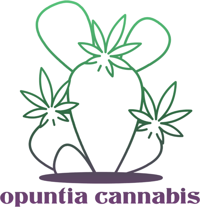 Paddle cactus with marijuana leaves as the flower. opuntia cannabis spelled out below the cactus.