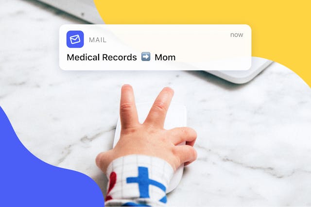 Baby hand on computer mouse.  Email of Medical Records to Mom.  Representing sharing medical records with family.