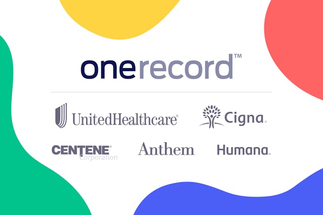 OneRecord banner with and largest supported insurance companies in the United States: UnitedHealth Group, Anthem, Centene, Humana, and Cigna.