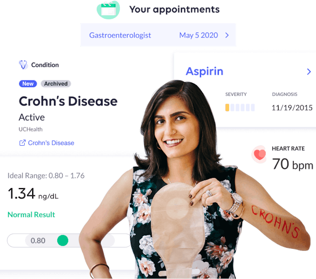 Mosaic of health data on the OneRecord app with a user smiling in the foreground