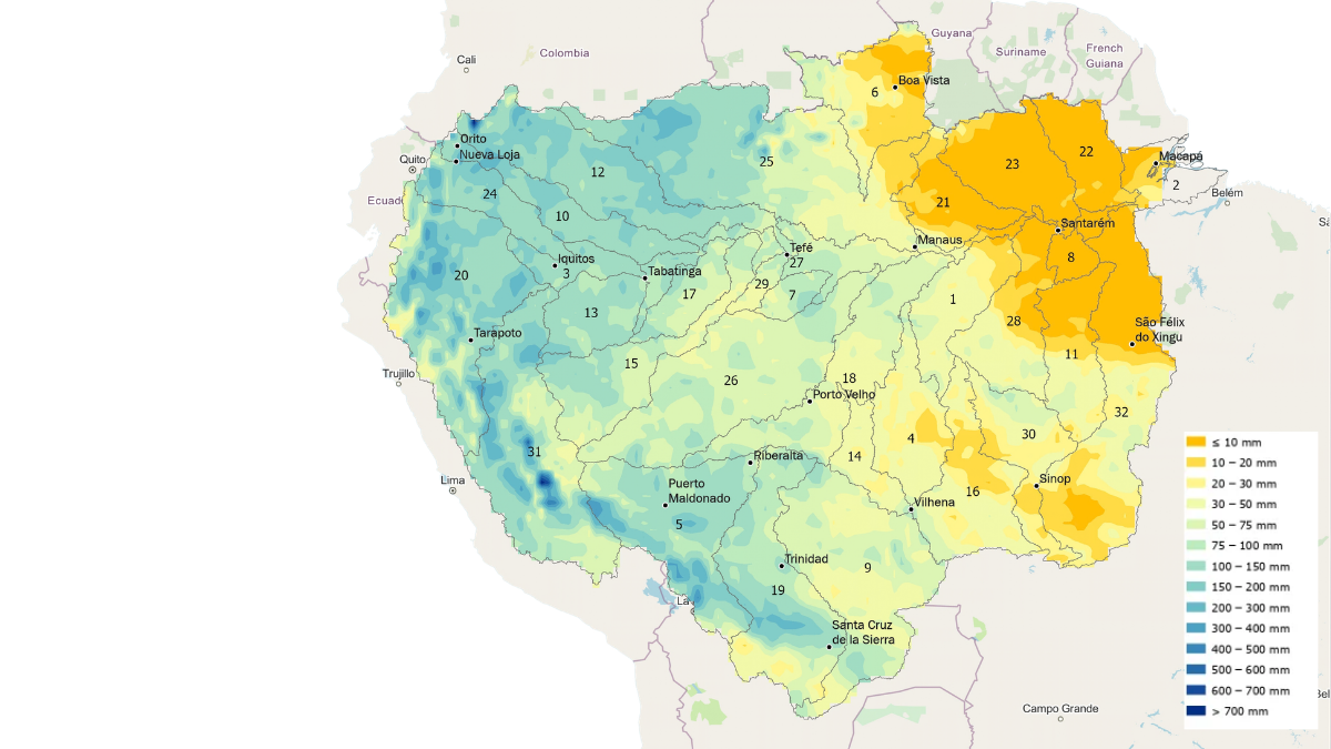 Distribuição das chuvas na Bacia Amazônica em setembro de 2026. A precipitação ficou abaixo da média histórica em 69% da região, com condições secas em 22 das 32 sub-bacias amazônicas. Fonte: ERA5/ECMWF–C3S; processamento e análise: ORA/OTCA, 2026.