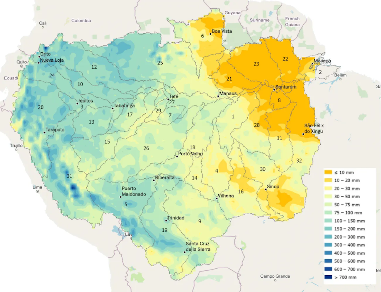 Distribuição das chuvas na Bacia Amazônica em setembro de 2026. A precipitação ficou abaixo da média histórica em 69% da região, com condições secas em 22 das 32 sub-bacias amazônicas. Fonte: ERA5/ECMWF–C3S; processamento e análise: ORA/OTCA, 2026.