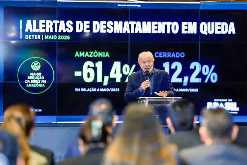 esidente do Brasil, Luiz Inácio Lula da Silva, durante anúncio de dados de desmatamento na Amazônia e no Cerrado, no Auditório da Organização do Tratado de Cooperação Amazônica (OTCA) – Brasília, DF. Foto: Ricardo Stuckert / PR