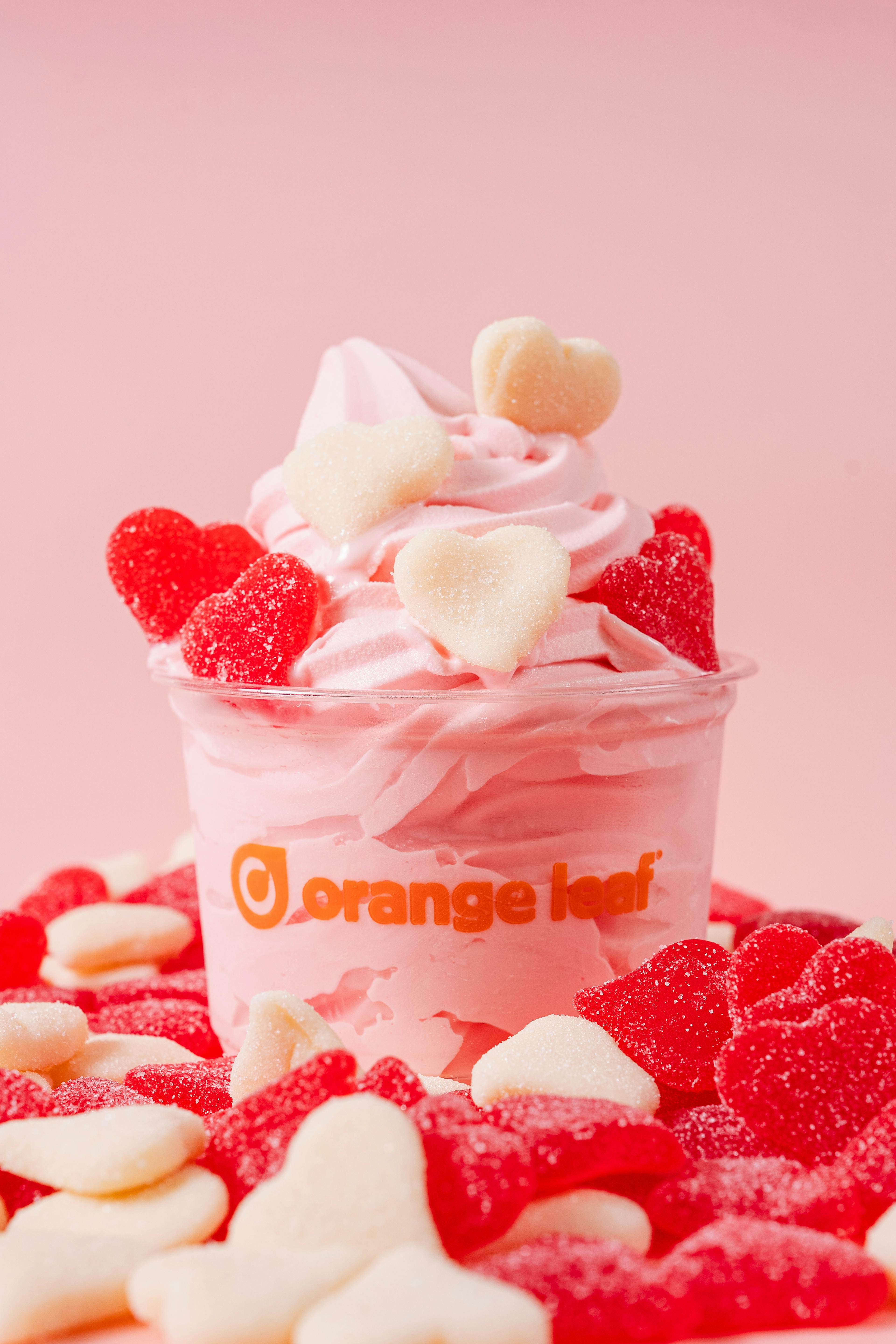 Orange Leaf featured topping for February 2025 is Sour Hearts Gummies