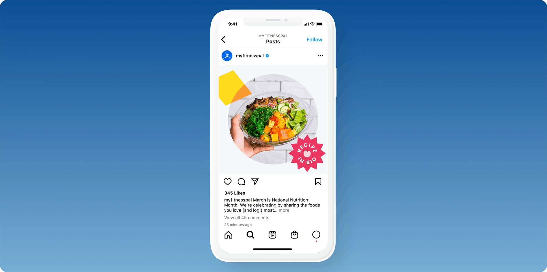 A mobile mockup of a social post for MyFitnessPal. A photo of a poke bowl is overlaid with vibrant graphics and text that reads "Recipe in bio"