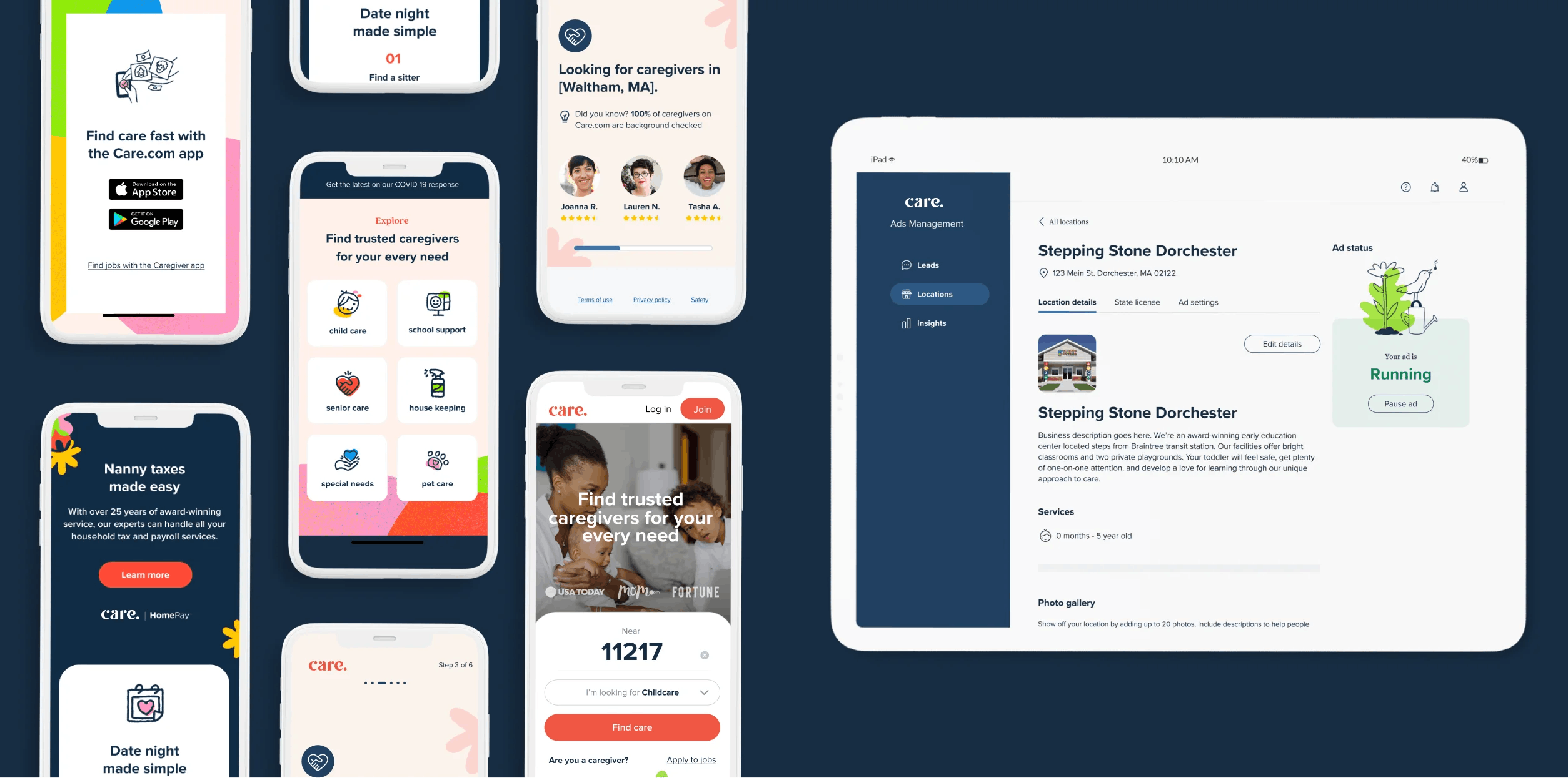 Layout of various mobile and desktop screens for the Care.com website