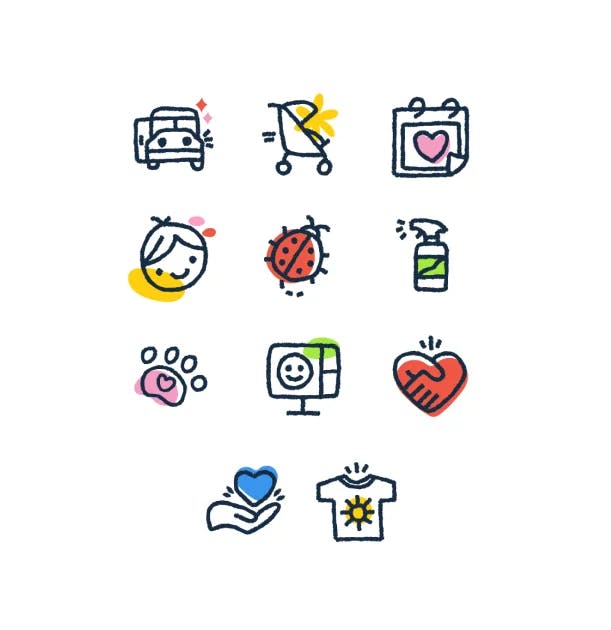 Icons for Care.com depicting childcare, cleanliness, etc.