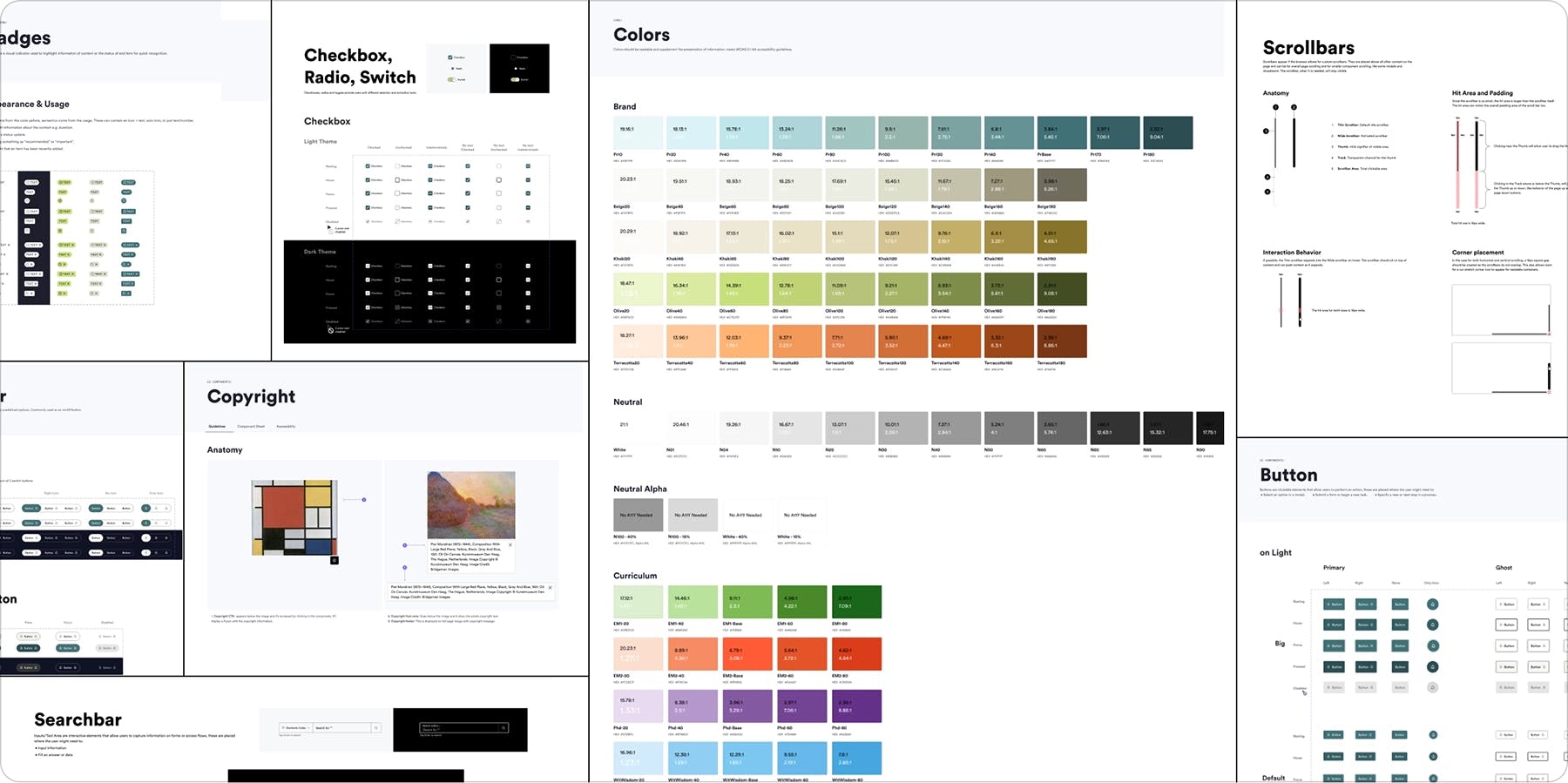 Design system for Great Minds including colors, button styles, and interface design.