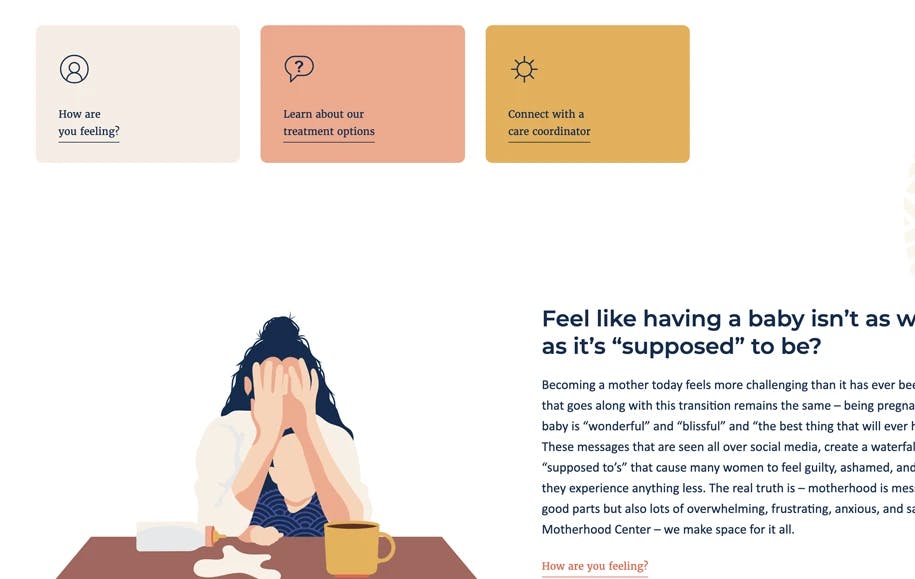 Website Panel with how are you feeling quiz for The Motherhood Center