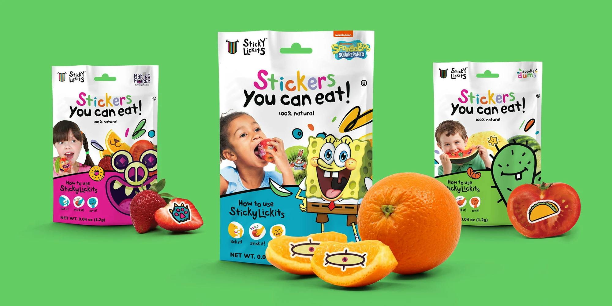 3 packages with stickers and fruit
