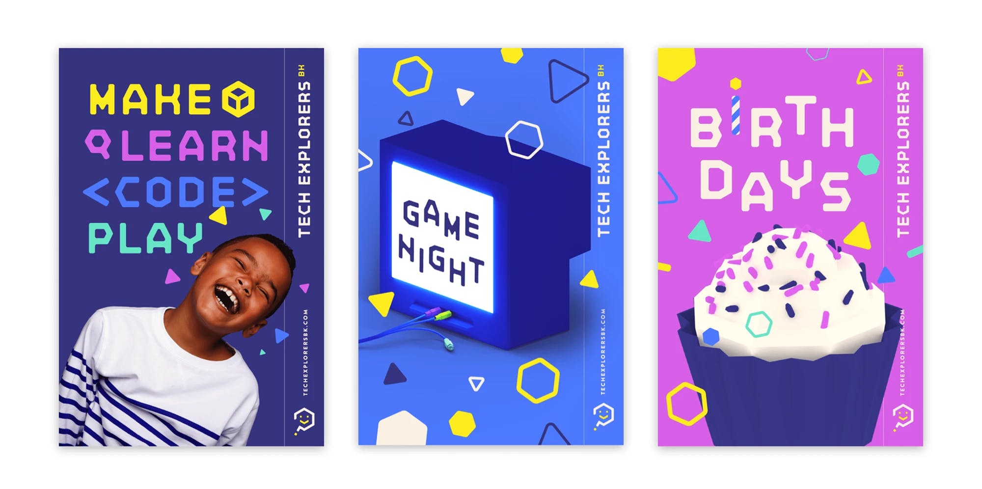 3 posters for events at Tech Explorers (General, Game Night, Birthdays)