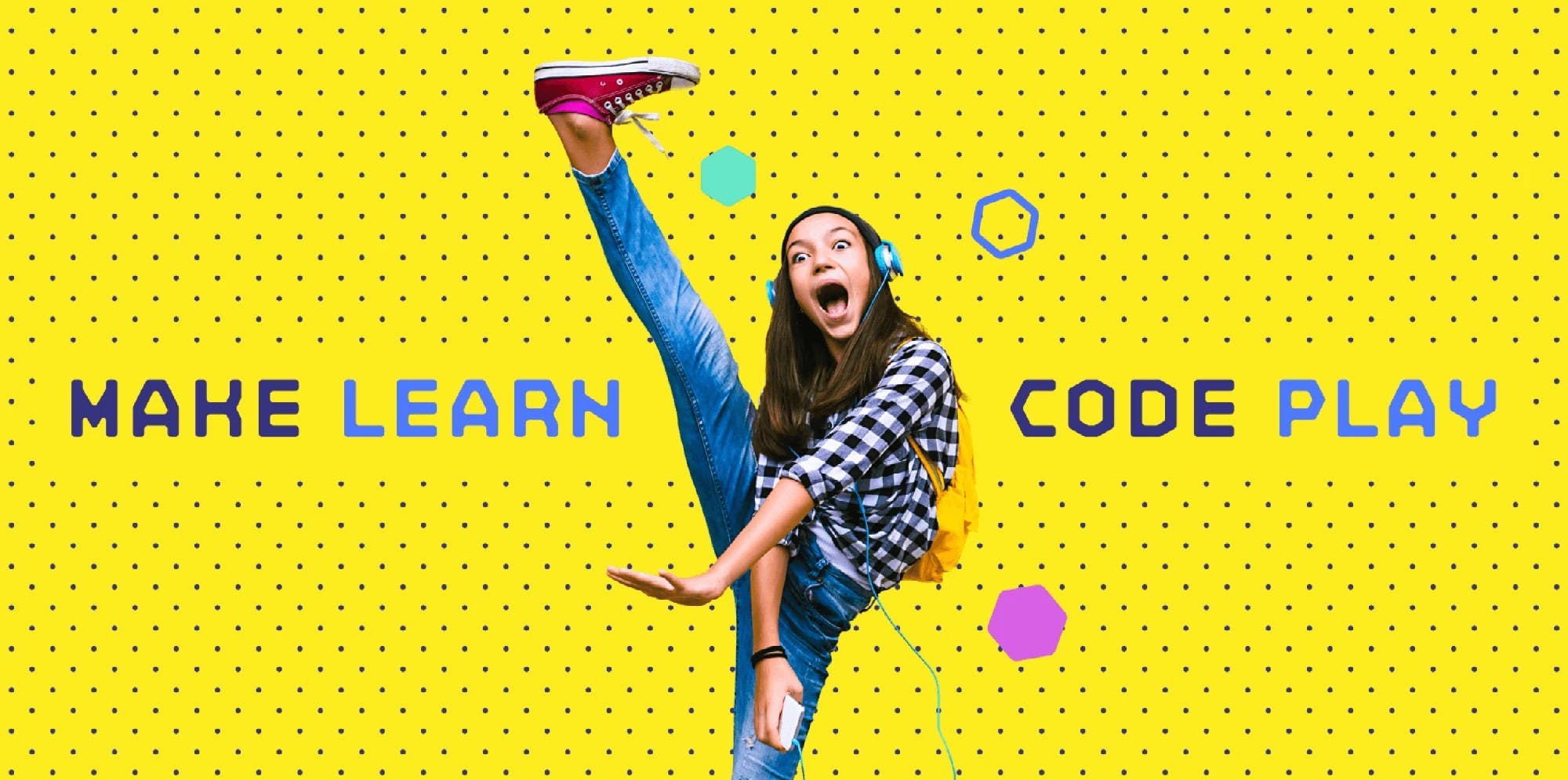Tech Explorers key art with dot pattern and kid photo