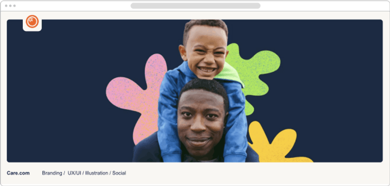 Father caring son over background of floral shapes