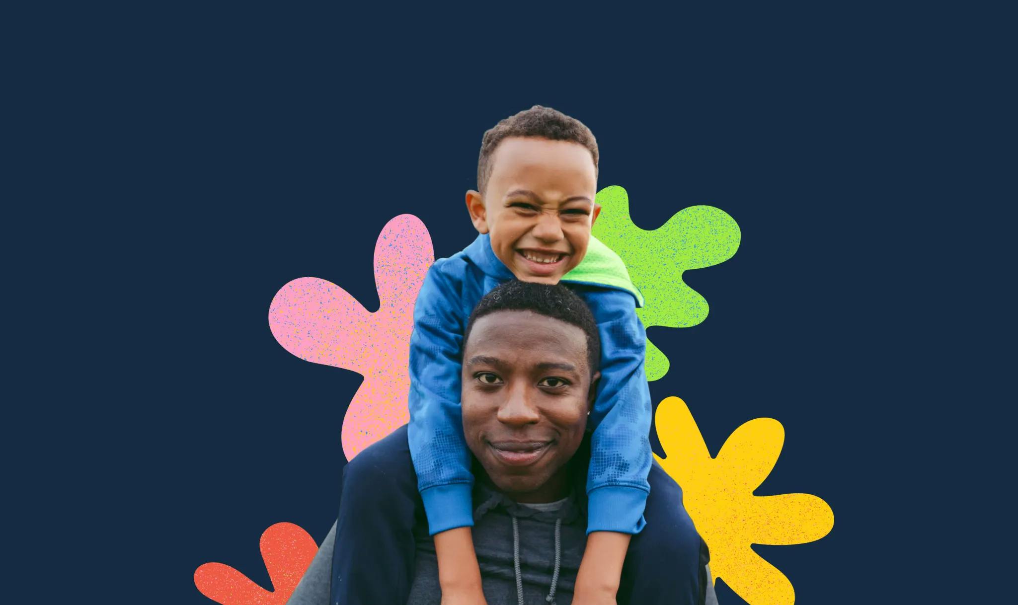 A father carrying his son with vibrant floral graphics in the background.