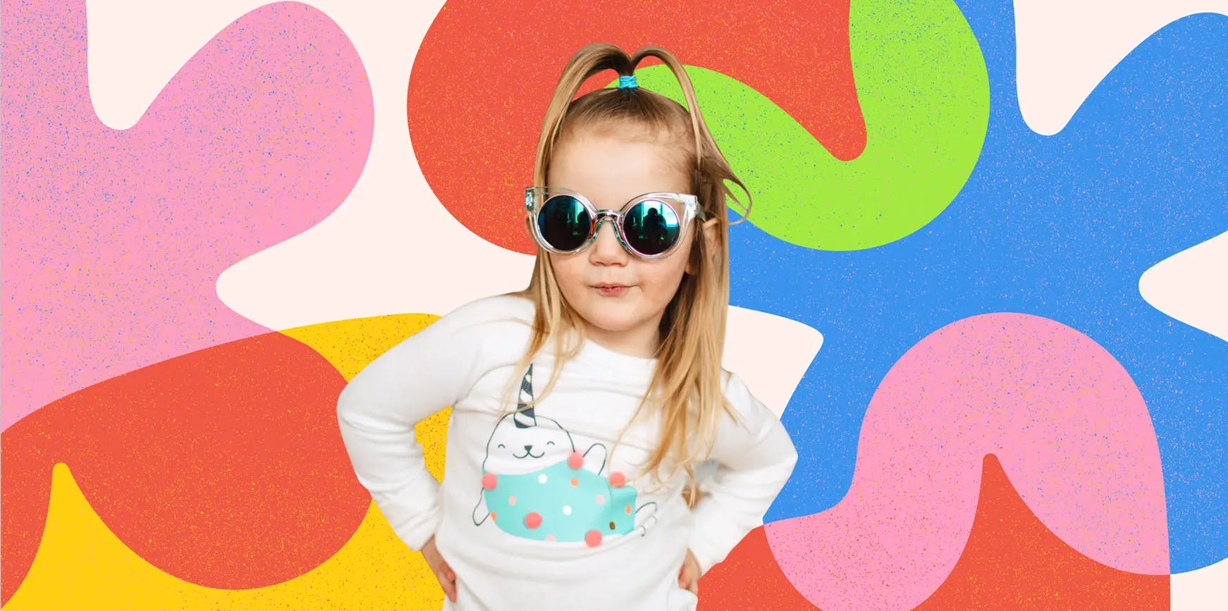 A young blonde girl wearing sunglasses and hands on her hips, on a background of overlapping colors and shapes.