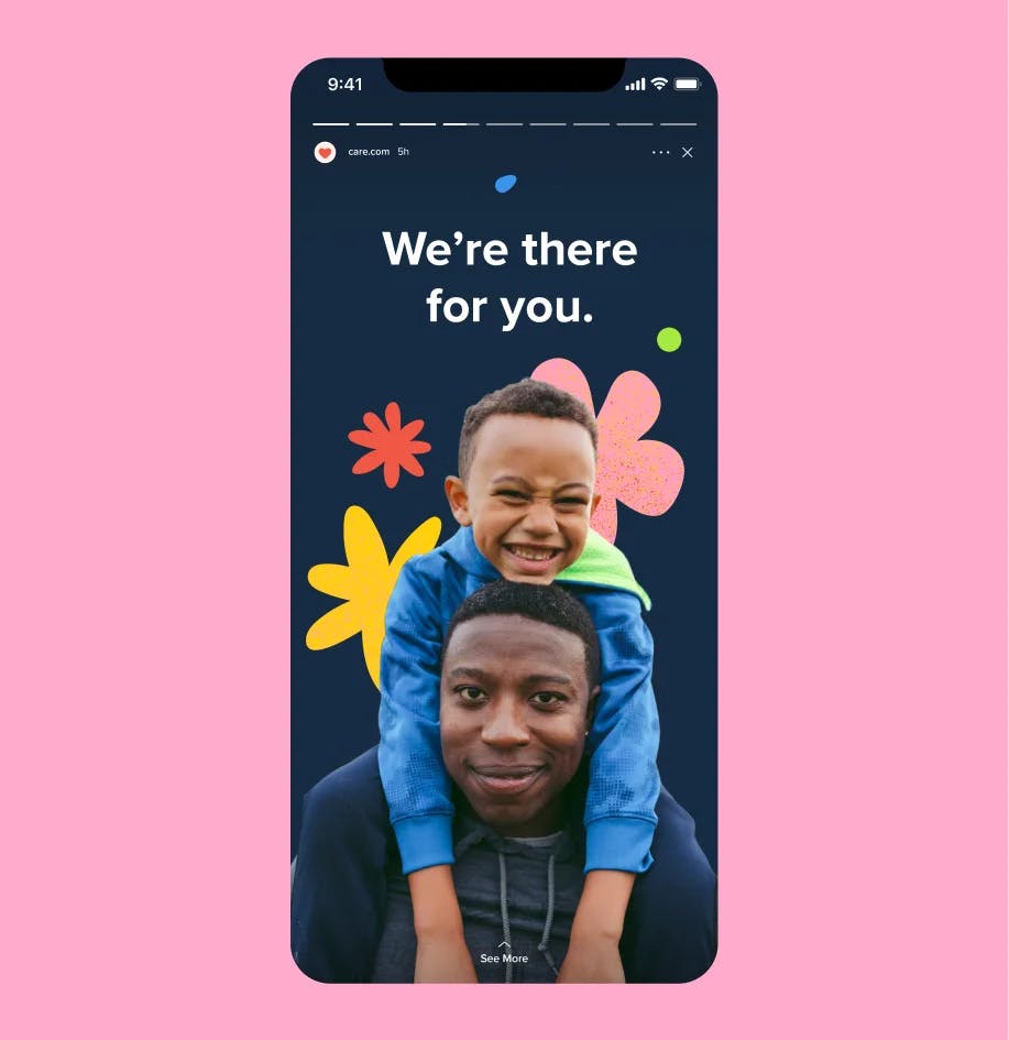 Mobile mockup for Care.com social featuring a father carrying his son with "We're there for you." text