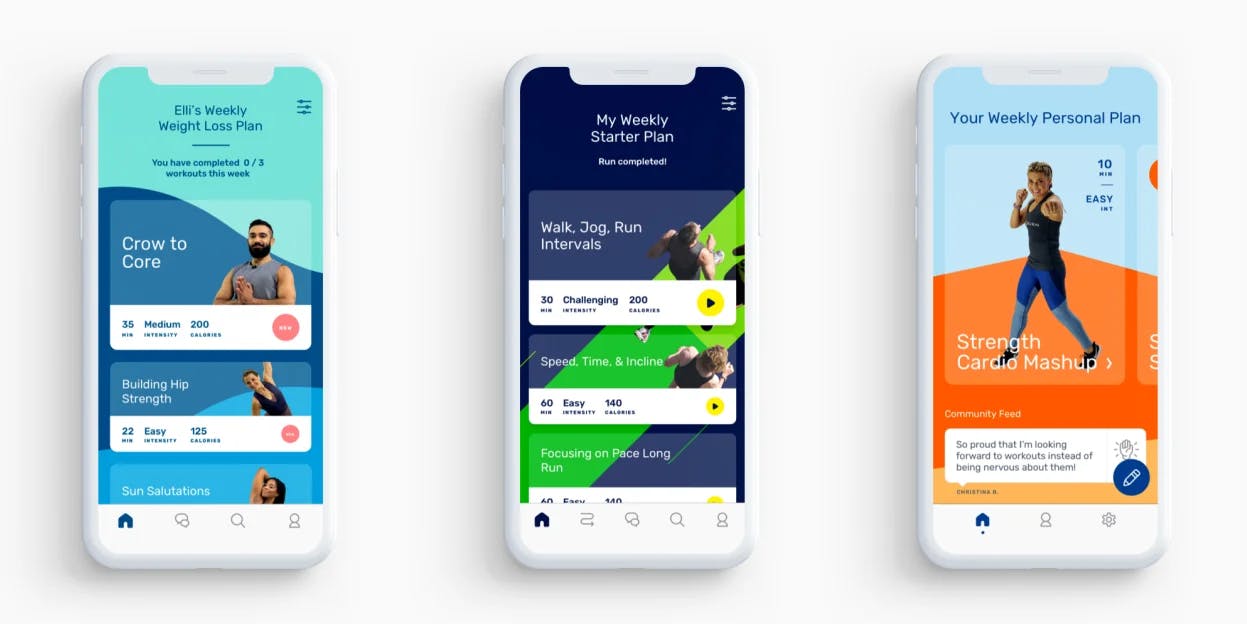 three white iphone screens showing daily burn app home screens for yoga, running and HIIT workouts